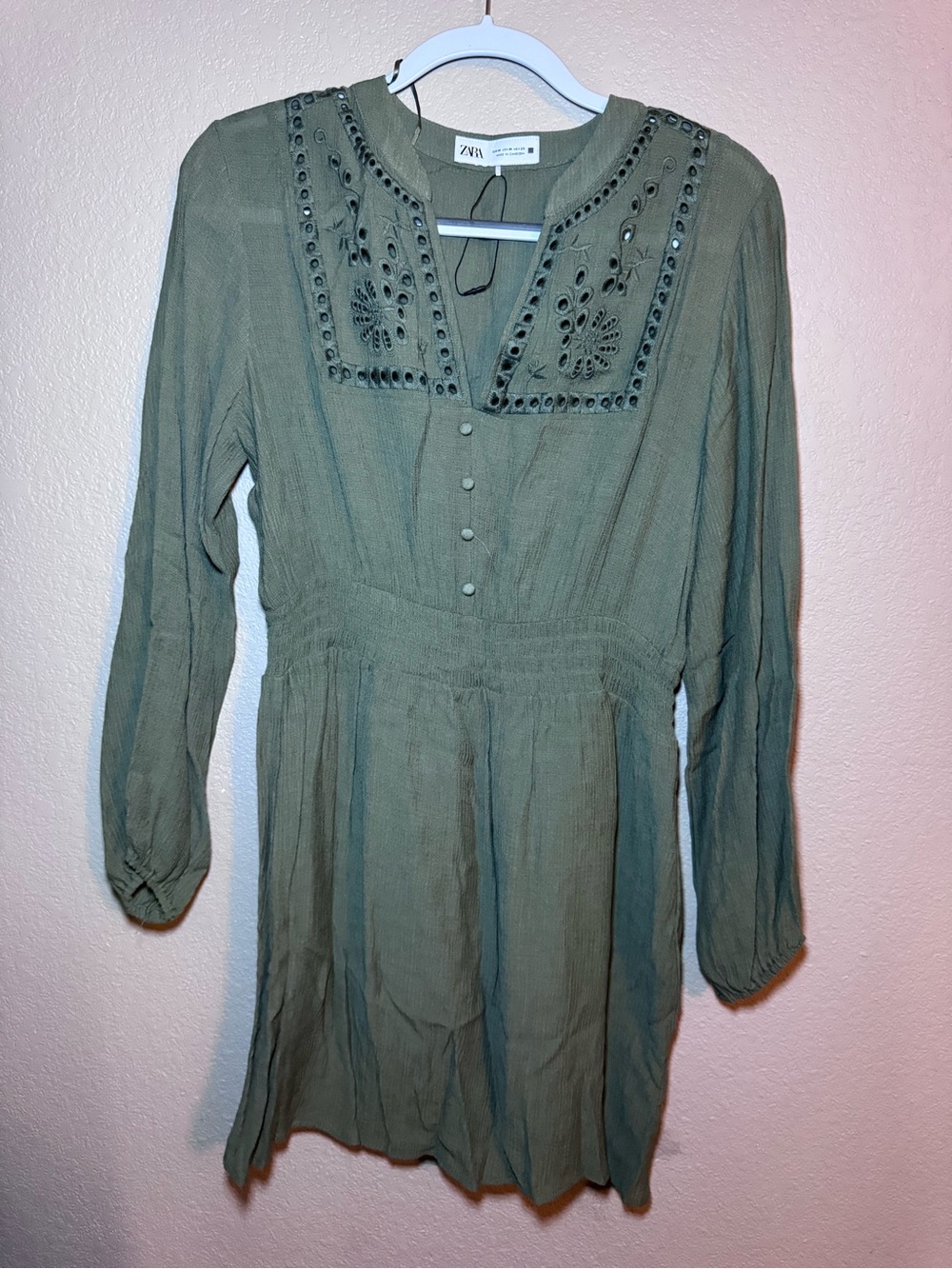 Zara Olive Green Long Sleeve Embroidered Tunic Dress